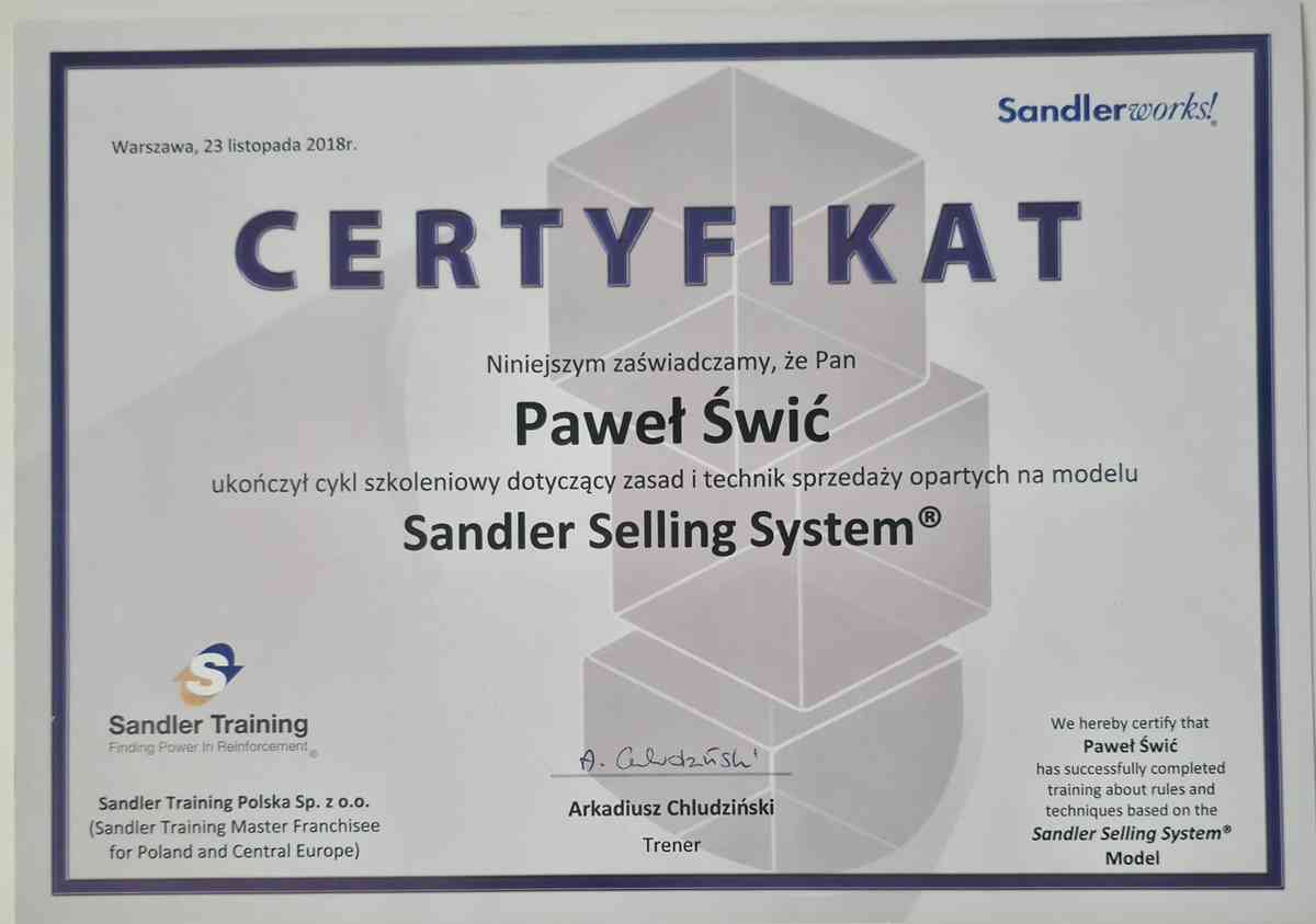 Certyfikat Sandler Selling System Pawła Świcia