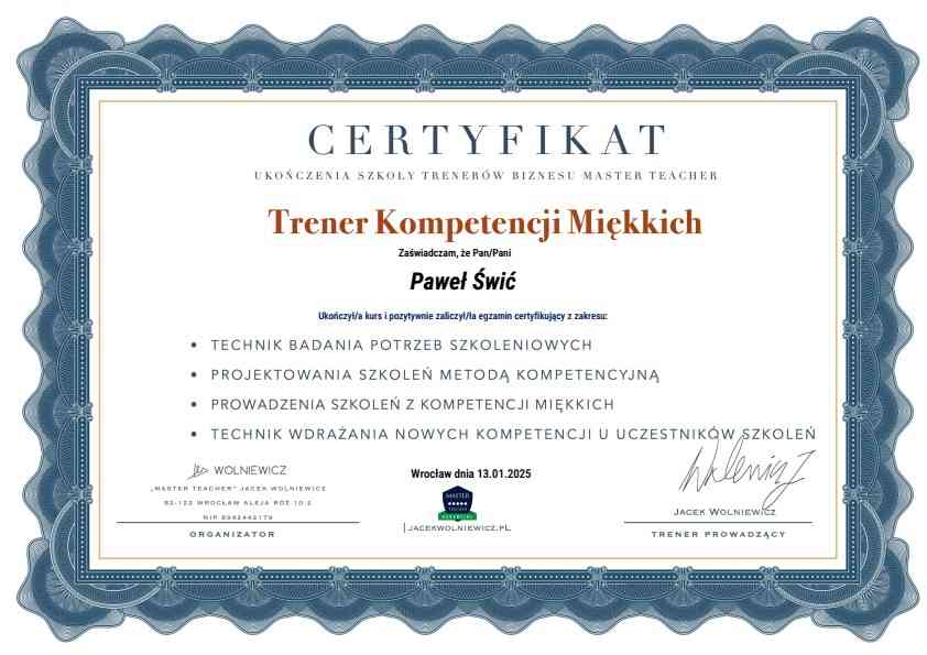 Certyfikat Trener Kompetencji Miękkich Pawła Świcia